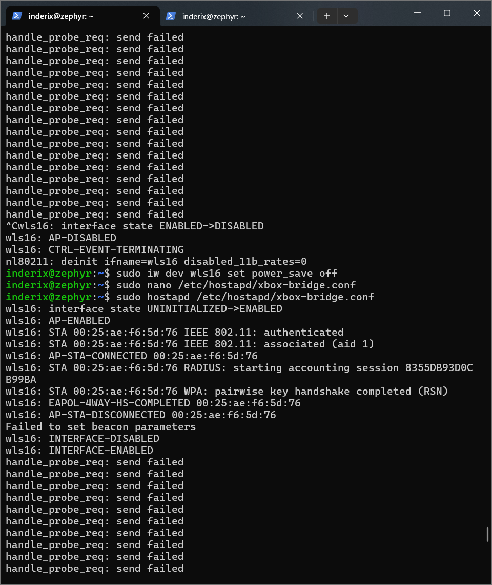 hostapd spamming a command line with "send failed" because my bitch realtek adapter died. and then i restarted hostapd and it did the same shit again.