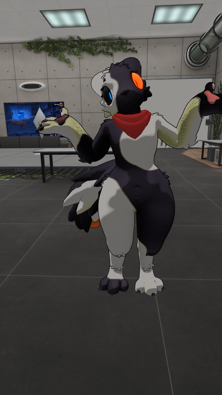 Shrugging in front of a mirror in an avatar testing world.