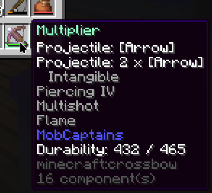 A Minecraft crossbow named "Multiplier" with Piercing 4, Multishot, and Flame enchantments. It's loaded with 1 arrow, and two intangible arrows.