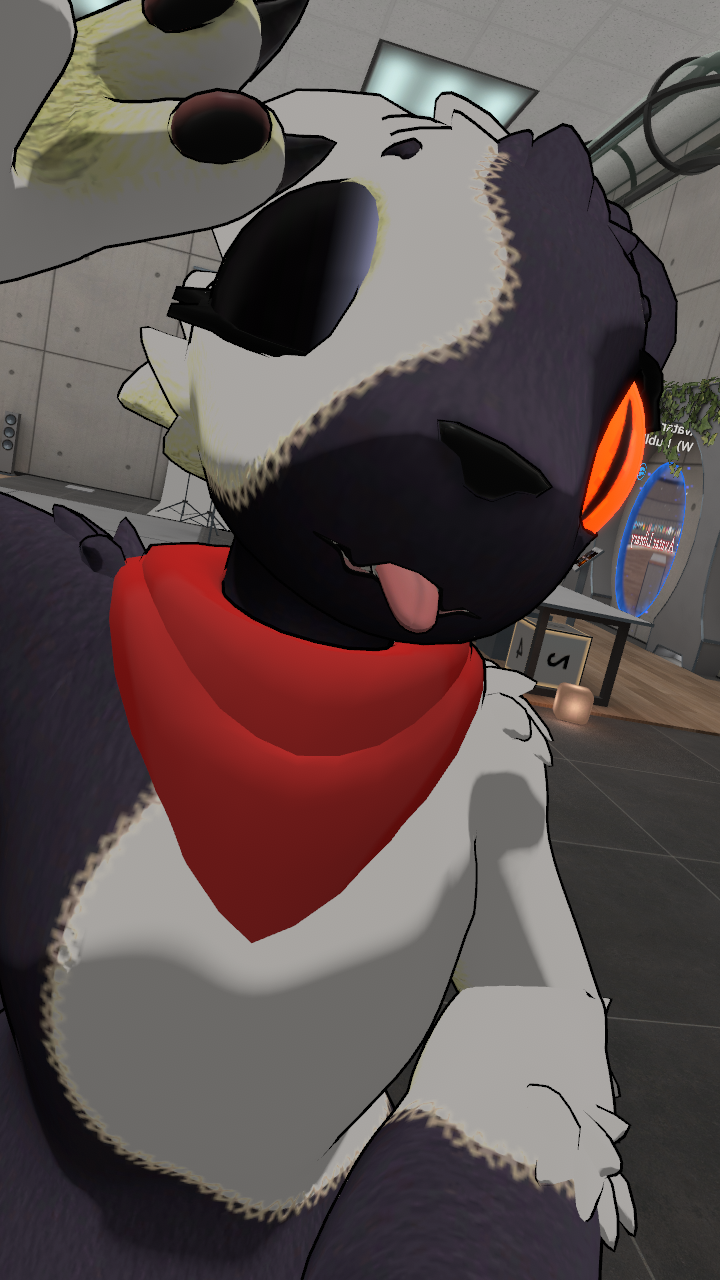 Scraps taking a selfie with the camera, tongue out and one-eye closed.