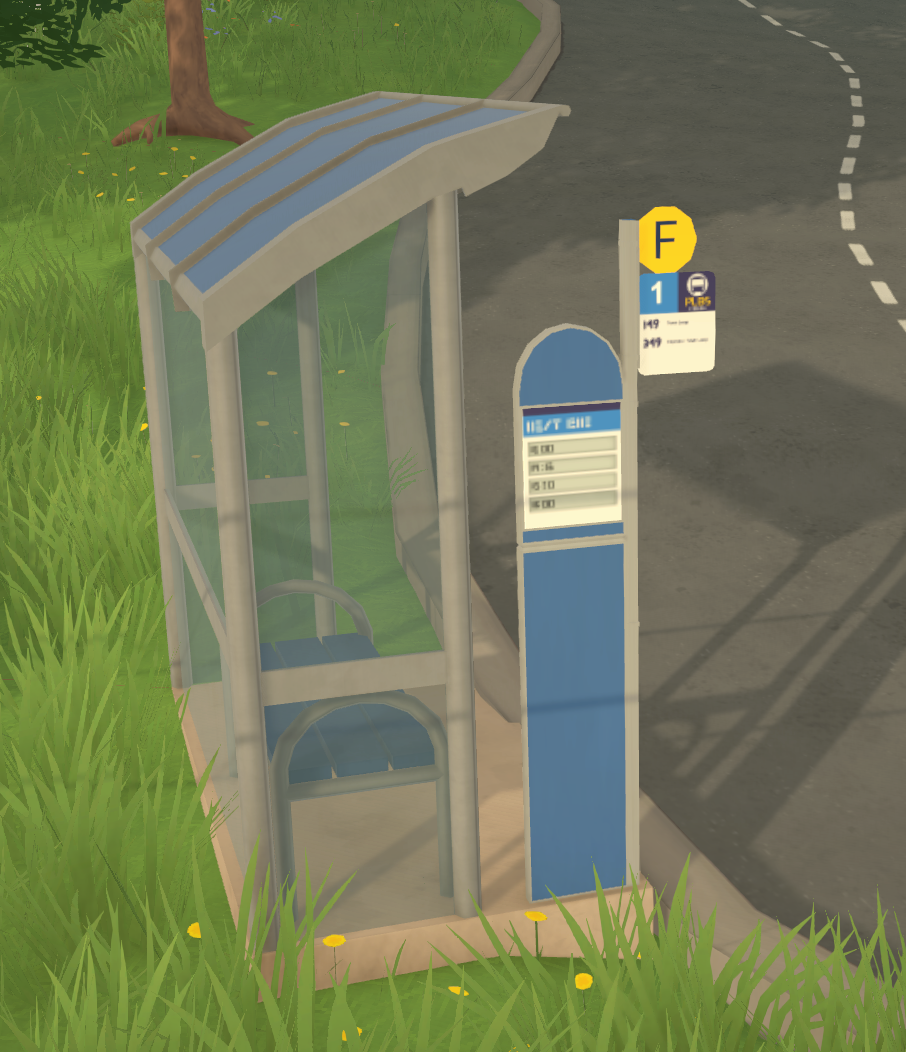 a bus stop on the left side of the road, with a shelter and a real time bus display

the colour scheme for the sign itself is suspiciously vancouver-like