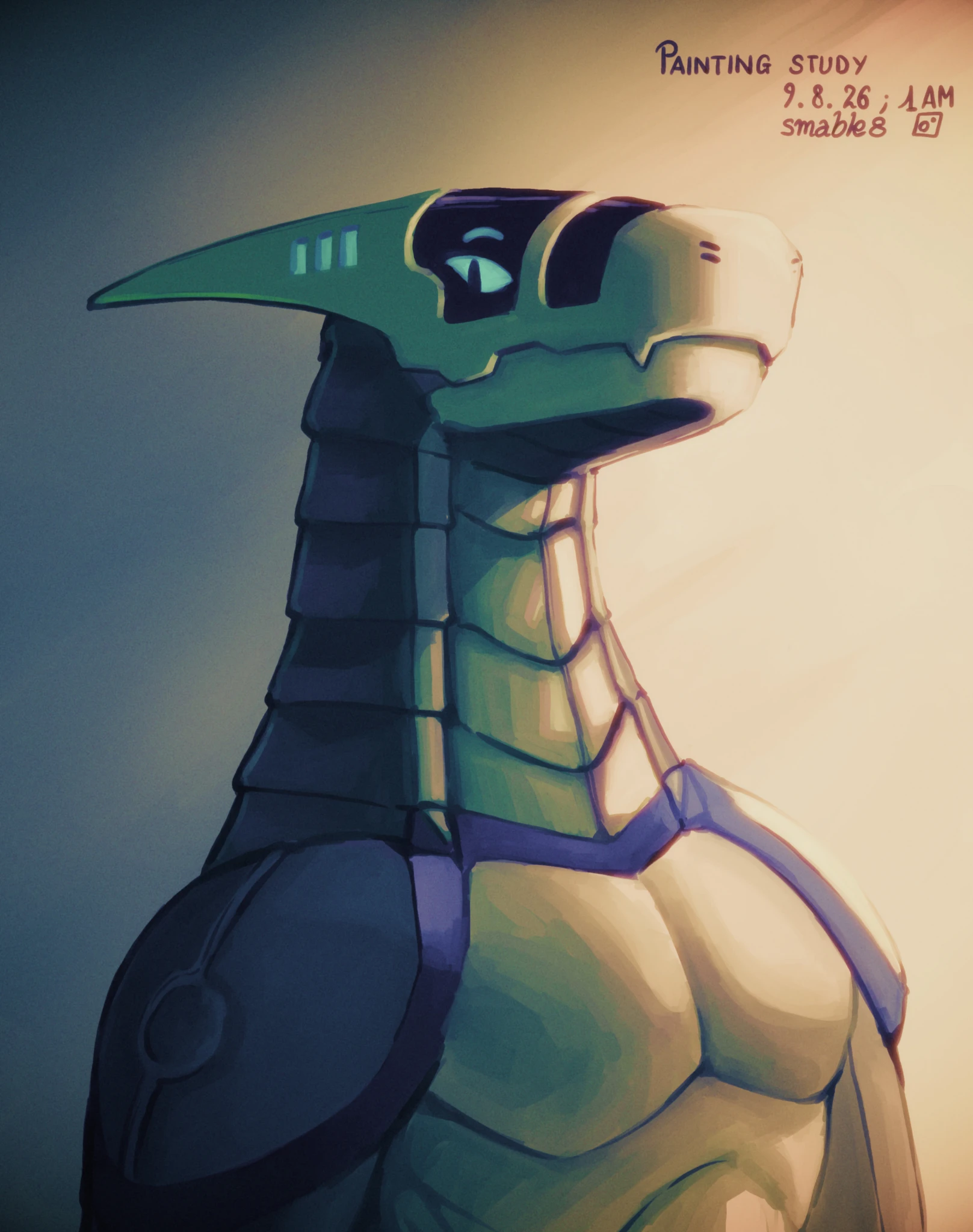 a portrait of komuros, a synth, looking at the viewer, with his head turned slightly to the right, and softly lit from that same direction
