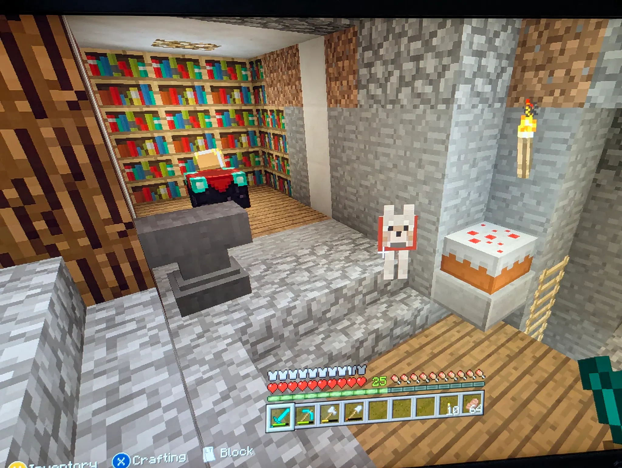A small inset in the wall for an enchanting table, an anvil, some cake on a slab, and of course a wolf. The ladder to a mineshaft can be seen as well